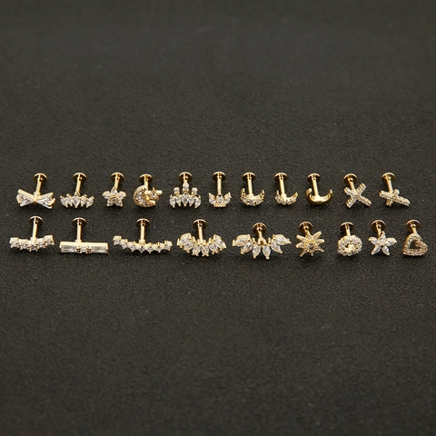 Fashion Zirconia Copper Ear Cartilage Piercing Stud Earrings 316L Surgical Stainless Steel Double Sided Screw Mini Earrings Women Jewelry