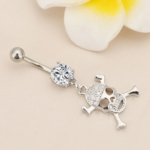 Punk Copper Zirconia Skull Crossbone Belly Button Ring Halloween Body Piercing Jewelry For Women Navel Ring Decoration