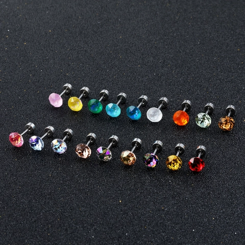316 Stainless Steel Zircon Round Stud Earrings Flat Back Screw Cartilage Piercing Jewelry For Women Men Unisex Gift