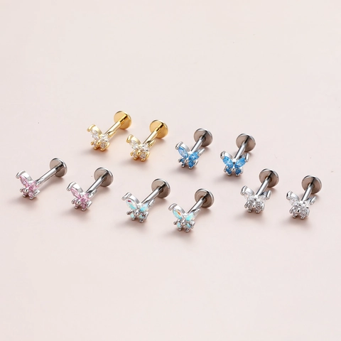 Orecchini a Bottone a Farfalla in Acciaio Inossidabile 316 per Cartilagine Zirconia Intarsiata Gioielli Piercing Donna Oro Argento
