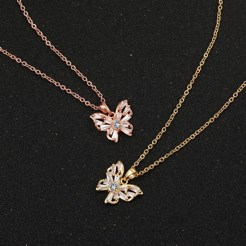 Edelstahlkette Kupfer Zirkonia Schmetterling Anhänger Halskette Für Damen Gold Rose Gold Elegante Mode Schmuck Geschenk