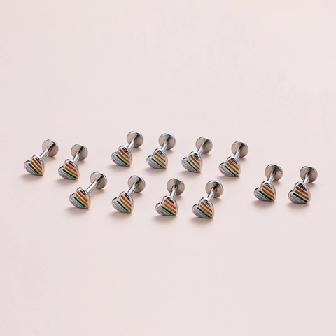 Piercing Labbro a Cuore in Smalto Arcobaleno Acciaio Inossidabile 316 Perno per Cartilagine a Fondo Piatto Gioielli Donna