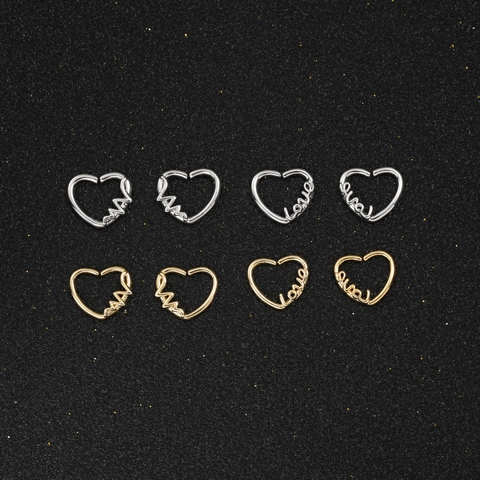Anello al Naso a Forma di Cuore in Rame Lettera Love Battito Cardiaco Perno Piercing Cartilagine per Donna Gioielli Oro Argento