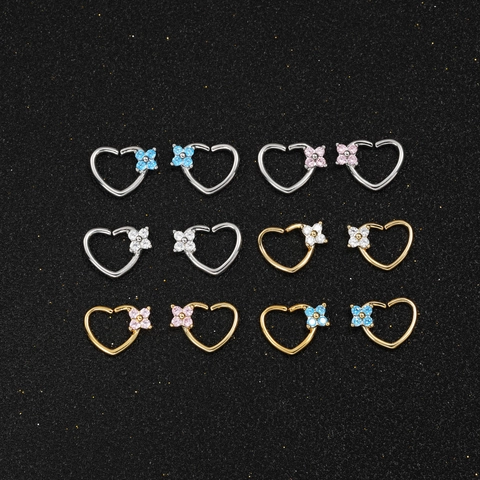 Copper Zircon Heart Nose Ring Flower Micro Inlay Cartilage Earring Stud Gold Silver Plated Piercing Jewelry For Women