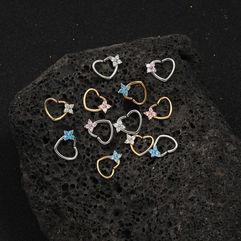 Copper Zircon Heart Nose Ring Flower Micro Inlay Cartilage Earring Stud Gold Silver Plated Piercing Jewelry For Women