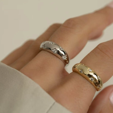 Fashion Copper Dome Ring Zirconia Star Pattern High Polish Gold Silver Plated Minimalist Wide Band Ring For Women Men