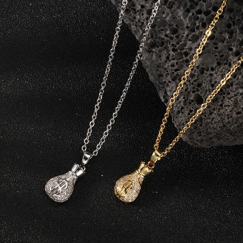 Collana Con Ciondolo A Sacchetto Di Soldi In Rame Con Zirconia Segno Del Dollaro Stile Hip Hop Oro Argento Gioielli Donna Uomo Regalo