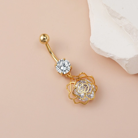 Σκουλαρίκι Ομφαλού από Ανοξείδωτο Ατσάλι με Ζιργκόν και Τριαντάφυλλο Κόσμημα Διάτρητο για Γυναίκες Αξεσουάρ Πάρτι
