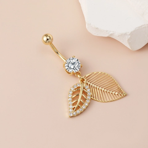 Piercing de Ombligo de Cobre con Hoja y Borla con Poste de Acero Quirúrgico 316 Circón Incrustado Joyería para Mujer