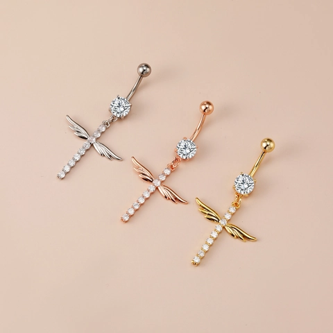 Angel Wings Cross Belly Piercing Ring 316 Surgical Stainless Steel Zirconia Navel Stud Gold Silver Body Jewelry For Women