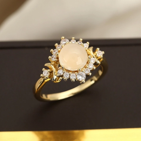 Vintage Kupfer Zirkonia Ovaler Cabochon Ring Für Damen Eleganter Vergoldeter Geometrischer Edelstein Fingerring Schmuck