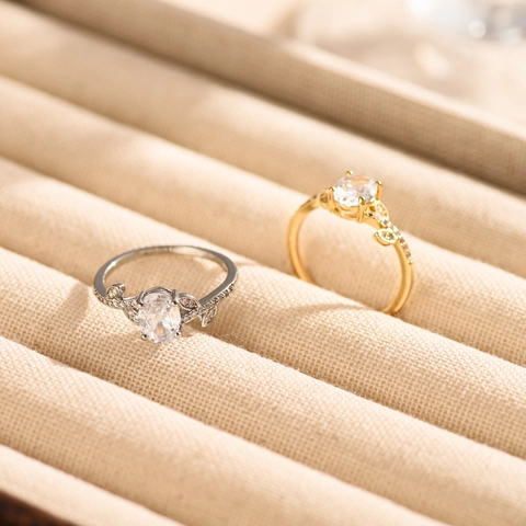 Elegante Koperen Ring Met Ovale Zirconia Hoofdsteen Wijnstok Blad Ontwerp Goud Zilver Verguld Vintage Vingerring Voor Vrouwen Bruiloft Feest Sieraden