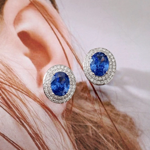Französische Vintage Oval Königsblau Zirkonia Ohrclips Doppel Halo Kupfer Galvanisiert Gold Silber Für Damen Eleganter Schmuck