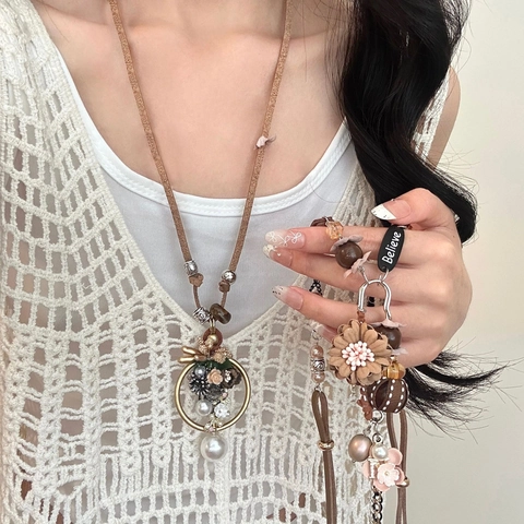 Vintage Boheemse Koperen Legering Kunstparel Bloem Hanger Halsketting Voor Vrouwen Handgemaakte Suède Koord Bloemen Trui Ketting
