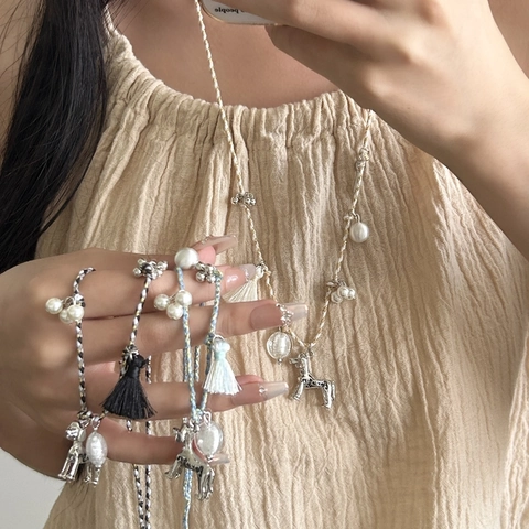 Woven Cord Necklace For Women With Copper Dog Pendant And Faux Artificial Pearl Accents Bohemian Tassel Long Sweater Chain Jewelry