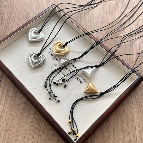 Minimalist Copper Geometric Pendant Necklace Adjustable Wax Rope Brushed Silver Gold Heart Flower Triangle Sweater Chain