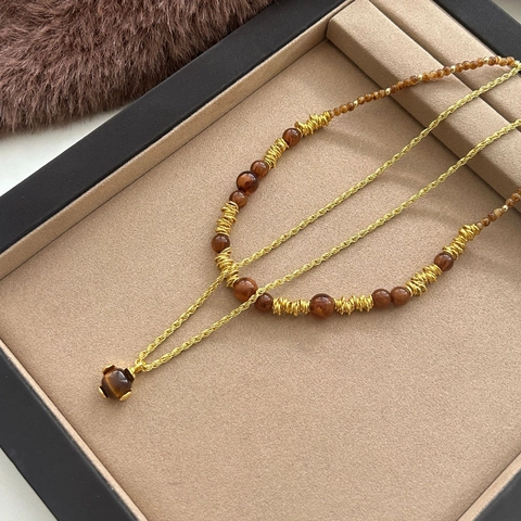 Vintage Tijgeroog Steen Hanger Ketting Vergulde Koperlegering Gelaagde Kralen Trui Ketting Voor Vrouwen Sieraden Cadeau