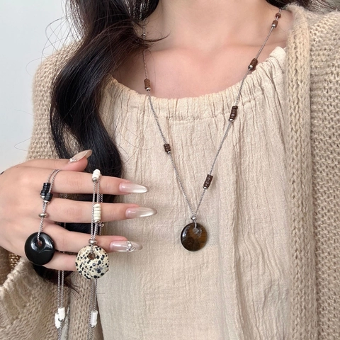 Vintage Natuursteen Ping'an Buckle Donut Hanger Ketting Roestvrij Staal Lange Truiketting Voor Vrouwen Sieraden Cadeau
