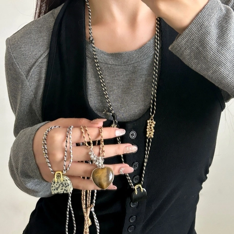 Vintage Natural Stone Tiger Eye Obsidian Heart Mini Bag Pendant Necklace Handmade Woven Cord Long Sweater Chain Women Jewelry