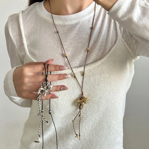 Fashion Minimalist Long Braided Rope Sweater Chain With Copper Alloy Puppy Dog Pendant Tassel Necklace For Women Trendy Jewelry Gift