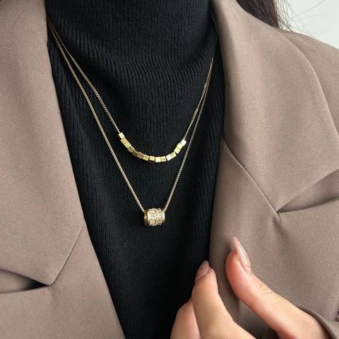 Dubbellaagse Titanium Staal Cilindrische Hanger Halsketting Goud Zilver Verguld Zirconia Ketting Voor Vrouwen Mode Sieraden