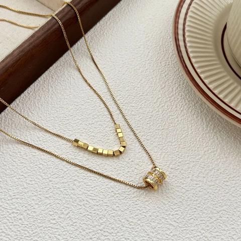 Dubbellaagse Titanium Staal Cilindrische Hanger Halsketting Goud Zilver Verguld Zirconia Ketting Voor Vrouwen Mode Sieraden
