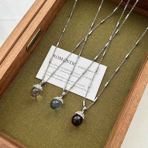 Vintage Acorn Glass Ball Pendant Necklace With Titanium Steel Long Chain Elegant Rhinestone Embellished Sweater Chain For Women Jewelry