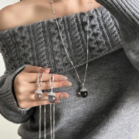 Vintage Acorn Glass Ball Pendant Necklace With Titanium Steel Long Chain Elegant Rhinestone Embellished Sweater Chain For Women Jewelry