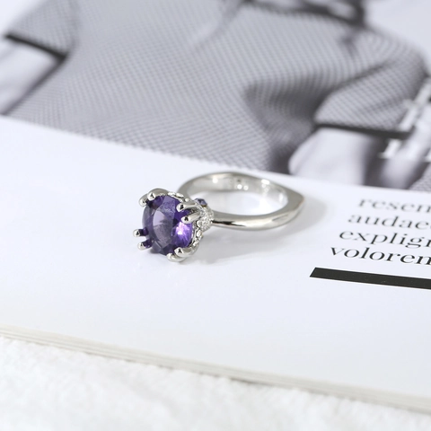 Ring Round Purple Amethyst Zirconia Luxury Crown Setting Wedding Ring Women Fine Jewelry Gift