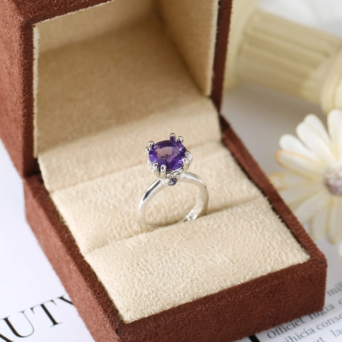 Ring Round Purple Amethyst Zirconia Luxury Crown Setting Wedding Ring Women Fine Jewelry Gift