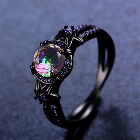 Gothic Gun Black Zinc Alloy Ring For Women Vintage Halloween Jewelry With Purple Rhinestone Hollow Geometric Oval Ring