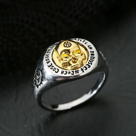 Anillo Bicolor de Calavera Punk Vintage para Hombre Gótico de Aleación de Zinc Grabado Joyería de Fiesta de Halloween Anillo