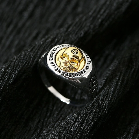Anillo Bicolor de Calavera Punk Vintage para Hombre Gótico de Aleación de Zinc Grabado Joyería de Fiesta de Halloween Anillo