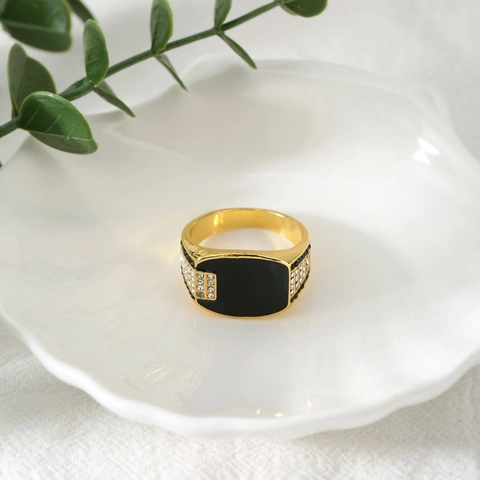 Herren Hip Hop Kühn Breitband Ring Gold Silber Plattiert Kupfer Zirkonia Schwarz Emaille Eingelegt Geometrischer Schmuck