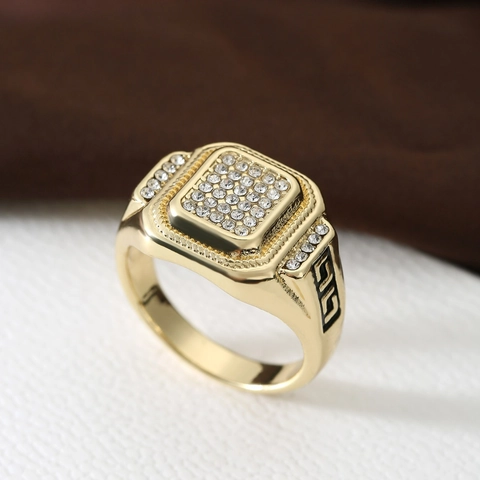 Herren Luxus Gold Vergoldet Zinklegierung Hip Hop Ring Quadratisch Mäandermuster Strass Pavé Fingerring Schmuck Geschenk