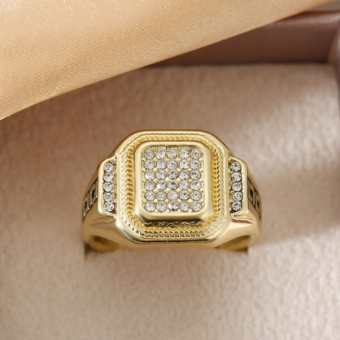Herren Luxus Gold Vergoldet Zinklegierung Hip Hop Ring Quadratisch Mäandermuster Strass Pavé Fingerring Schmuck Geschenk