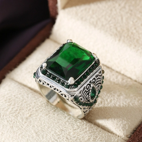 Vintage Zinc Alloy Men Ring Emerald Cut Red Green Zirconia Inlaid Hollow Out Geometric Pattern Ethnic Style Jewelry Gift