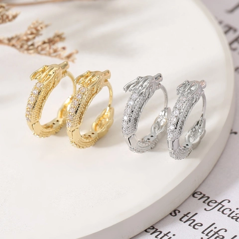 Chinese Style Dragon Head Hoop Earrings Copper Gold Silver Plated Zirconia Inlaid Zodiac Totem Fashion Jewelry For Women Men