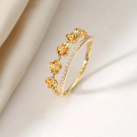 Elegant Double Layer Copper Rose Ring With White Zirconia Micro Inlaid Gold Silver Plated Fashion Jewelry Women Wedding Party