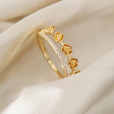 Elegant Double Layer Copper Rose Ring With White Zirconia Micro Inlaid Gold Silver Plated Fashion Jewelry Women Wedding Party