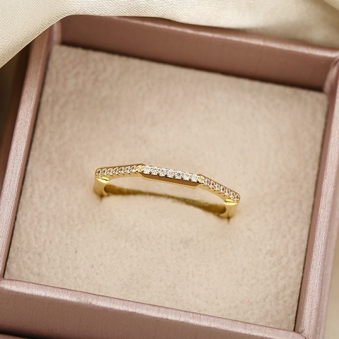 Geometric Octagon Copper Zirconia Ring Minimalist Thin Band Electroplated Gold Silver Plated Stackable Finger Ring Jewelry