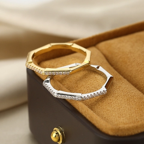 Geometric Octagon Copper Zirconia Ring Minimalist Thin Band Electroplated Gold Silver Plated Stackable Finger Ring Jewelry