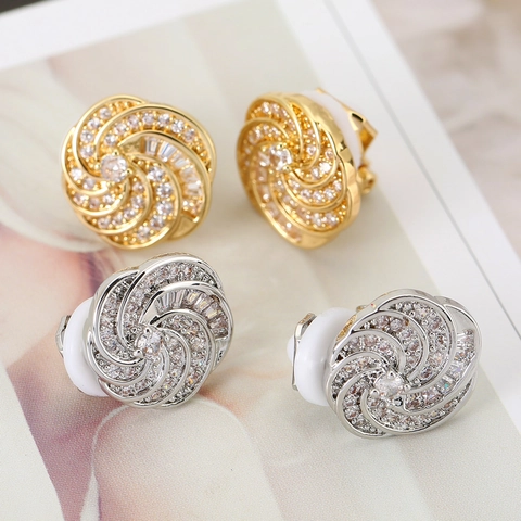 Copper Zircon Spiral Clip On Earrings Gold Silver Plated Geometric Vortex Rhinestone Inlay No Piercing Ear Clips Jewelry