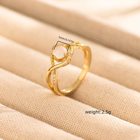 Minimalist Gold Plated Copper Ring Round Pink Synthetic Moonstone Inlaid Zirconia Cross Infinite Band Ring Women Jewelry