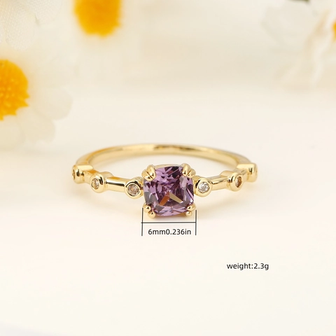 Luxury Gold Plated Copper Purple Square Zirconia Ring Fashion Minimalist Geometric Finger Ring For Women Jewelry Gift
