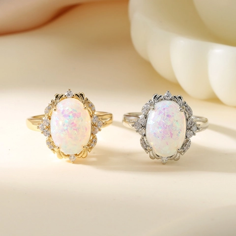 Vintage Oval White Opal Copper Ring With Zircon Embellishment Palace Style Gold Silver Plated Fashion Finger Jewelry For Women Party
