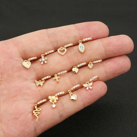 18K Gold Plated Copper Zirconia Nose Ring Star Heart Flower Dangle Nose Stud Ear Cartilage Piercing Jewelry For Women Men