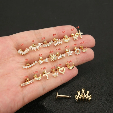 Copper Zircon Crown Heart Moon Star Ear Cartilage Studs Women Gold Silver Plated Labret Flat Back Piercing Jewelry