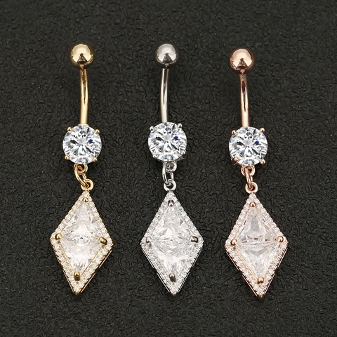 Stainless Steel Rhombus Zirconia Belly Button Ring Inlaid Clear Rhinestone Navel Piercing Body Jewelry For Women Fashion