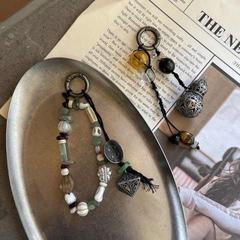 Llavero de Cuentas Étnico Vintage Hecho a Mano Con Calabaza de Bronce Cuentas de Piedra Natural Borla para Bolso Llave